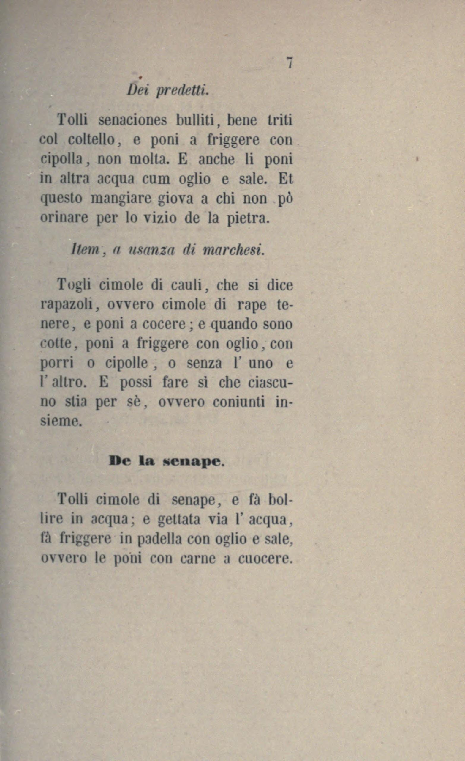 Senfgrün in Öl oder mit Fleisch - Originalseite aus Anonimo Toscano - Libro della cocina