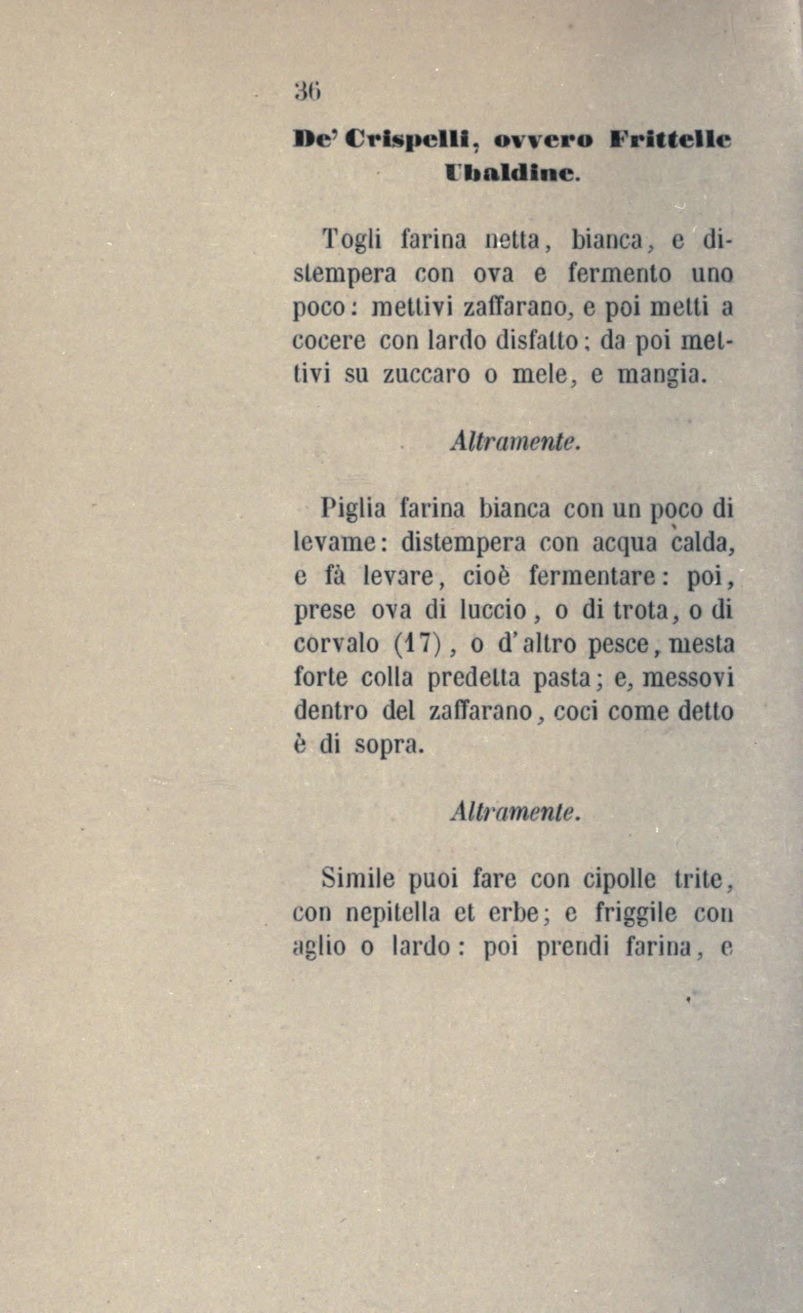 Crispelli und Frittellen ubaldine, frittierte Hefeteig-Krapfen mit Rogen oder Kräutern - Originalseite aus Anonimo Toscano - Libro della cocina