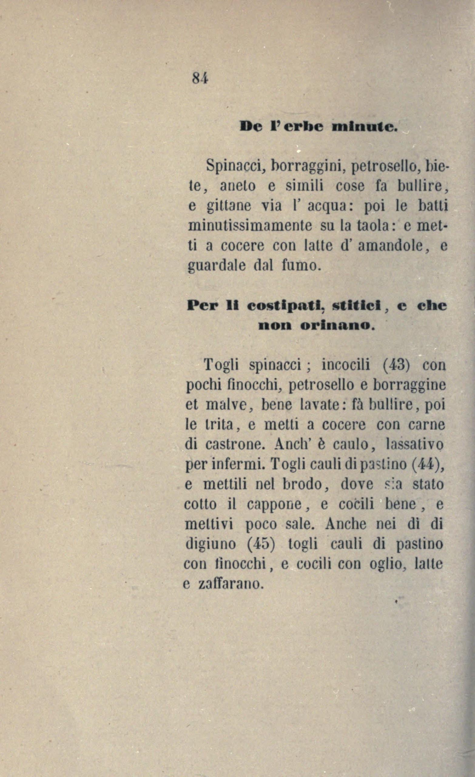 Spinat und Kohl auf zweierlei Art - Originalseite aus Anonimo Toscano - Libro della cocina