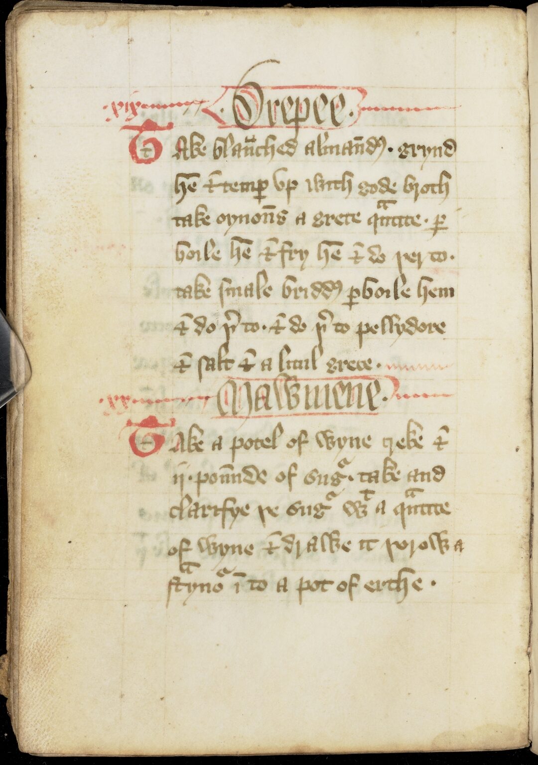Gezupftes Geflügel mit Mandeln und Mawmenee — Originalseite aus The Forme of Cury
