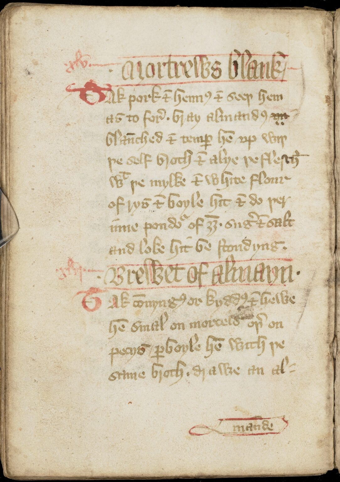 Weißer Mortrews: Gestampfter Fleischbrei — Originalseite aus The Forme of Cury
