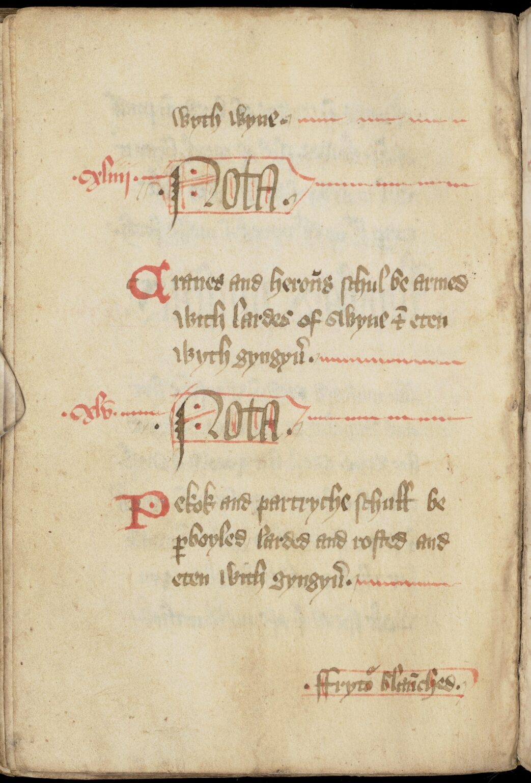 Gespickter Pfau und Rebhuhn mit Ingwer — Originalseite aus The Forme of Cury