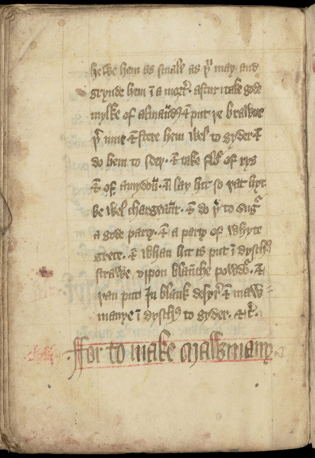 Mawmenny (Geflügelbrei mit Mandeln und Gewürzen) — Originalseite aus The Forme of Cury