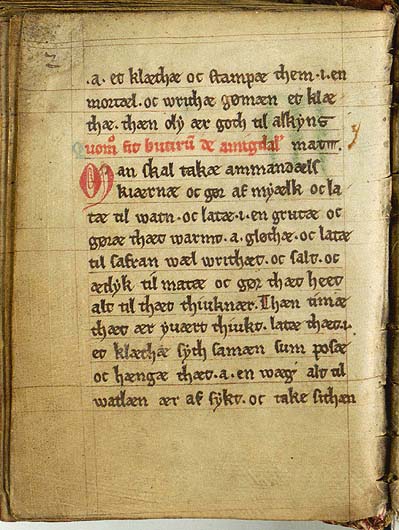 Mandelbutter herstellen — Originalseite aus Kogebog (Harpestreng-Handschrift NKS 66)